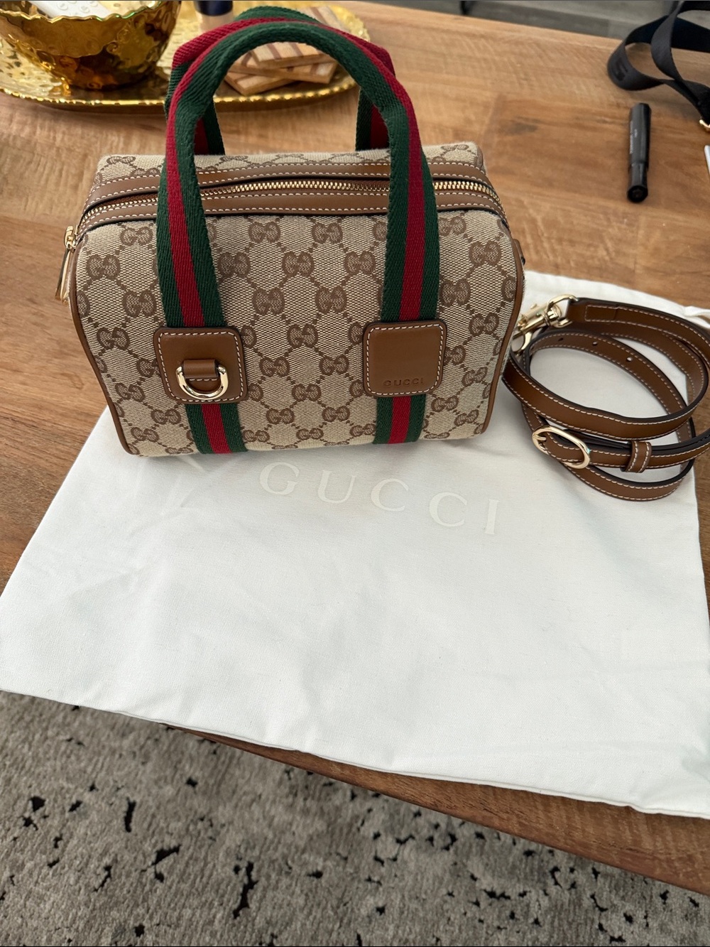 Gucci Beige GG Supreme Mini Bag with Green and Red Web Stripe